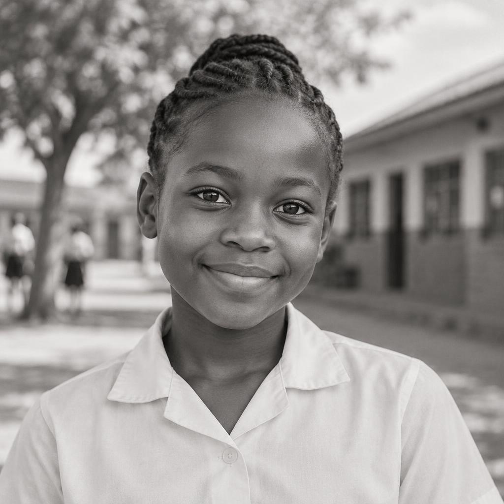 Illustrative black-and-white editorial portrait of a smiling child outdoors.
