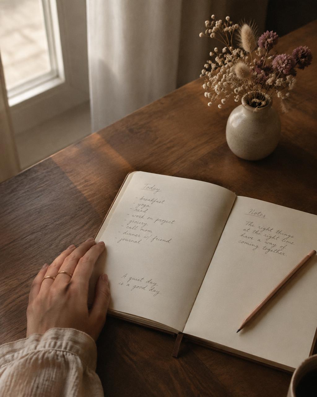 A hand resting on an open notebook beside dried flowers in soft window light.